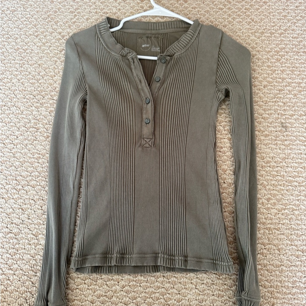 Aerie Green Ribbed Mandarin Collar Button Down